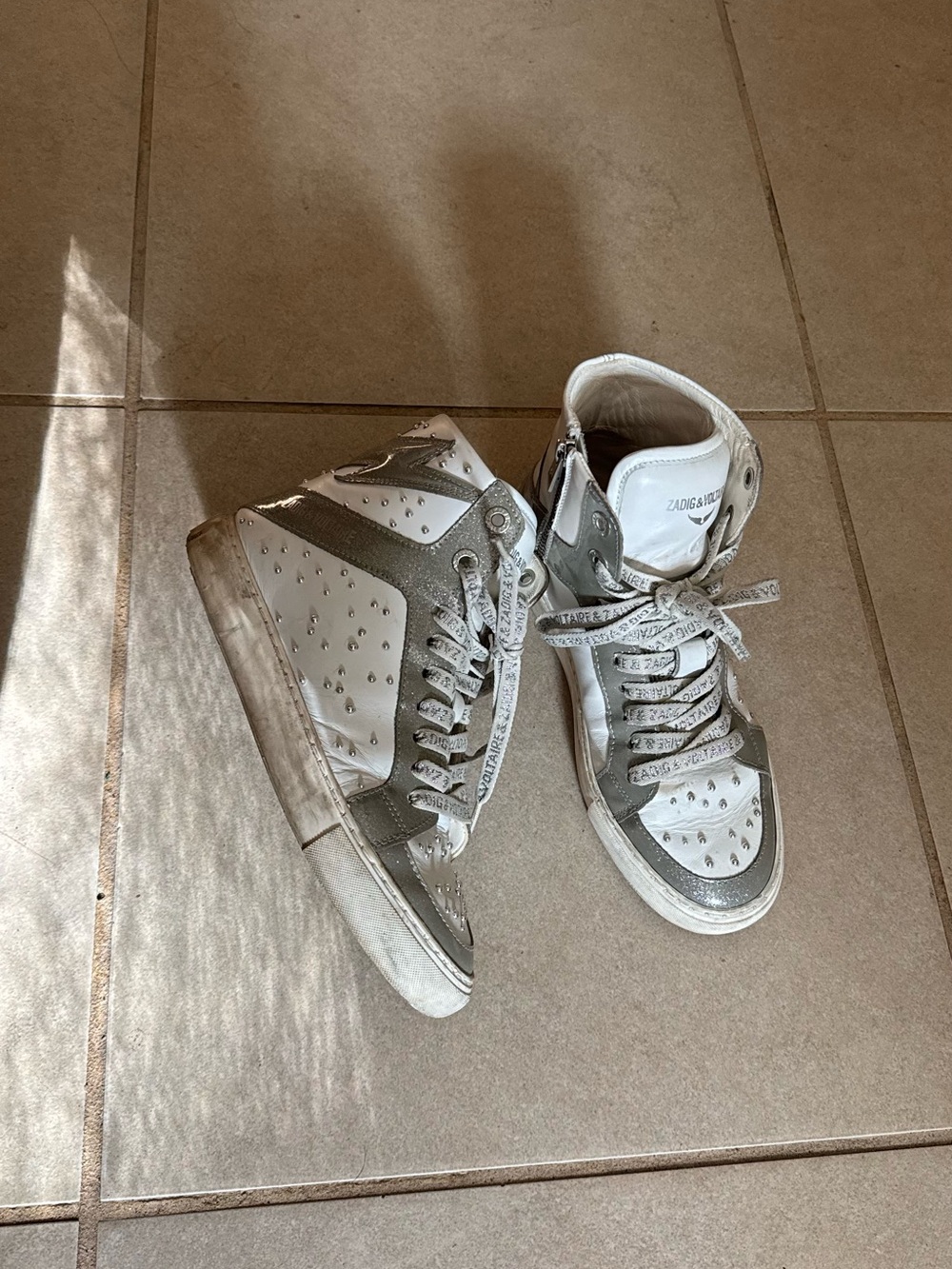 Zadig and Voltaire Studded High Top Sneakers in White and Silver